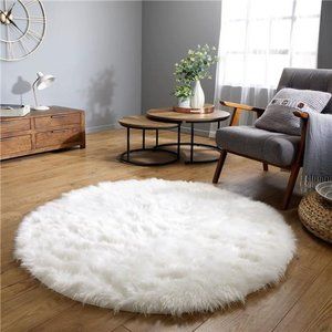 White Round Rugs 6ft Circle Faux Fur Sheepskin Living Room Fluffy Washable Rug